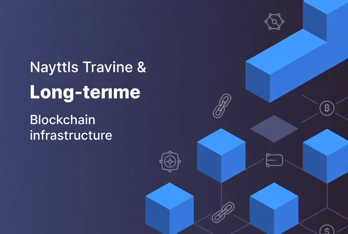 A blue tech-themed promotional graphic featuring the text 'Nayttls Travine & Long-terime Blockchain infrastructure' alongside 3D blue cubes connected by lines with icons representing blockchain and cryptocurrency concepts.