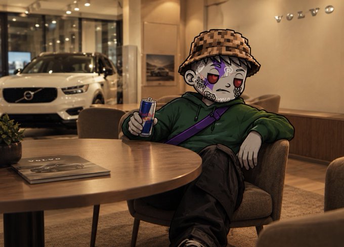 An illustrated character with a bucket hat and tattoos sitting at a table in a Volvo dealership, holding a Red Bull can.