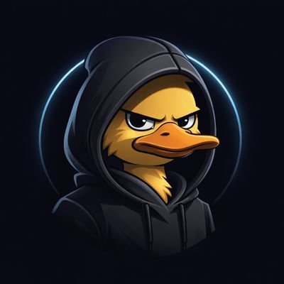 A cartoon-style duck character wearing a black hoodie, looking stern-faced against a dark background with a glowing circular halo behind it.