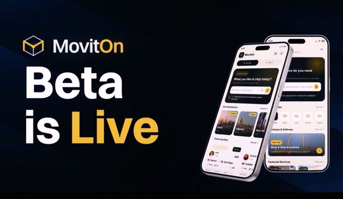 A promotional banner displays the 'MovitOn' logo and text 'Beta is Live' alongside two smartphones showing the app's interface.
