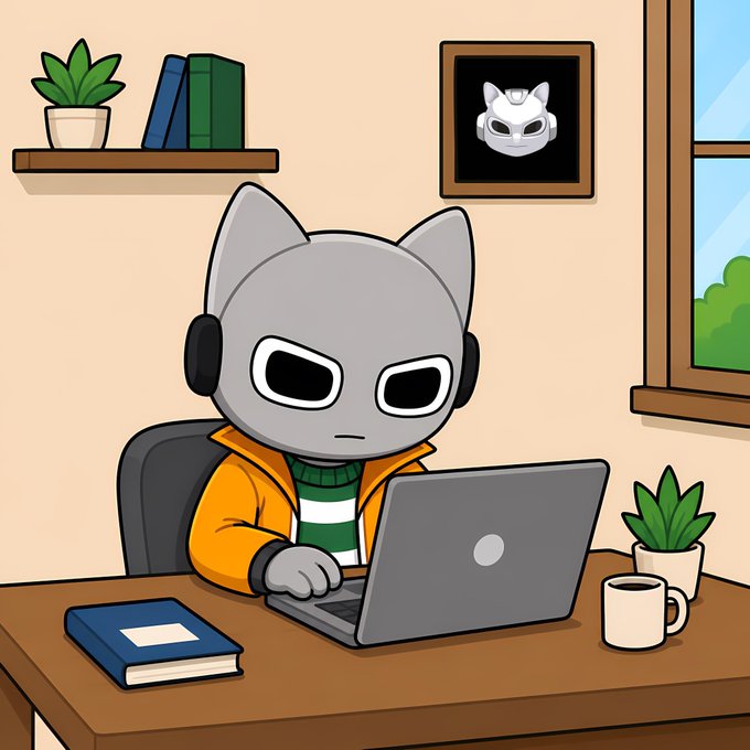 A cartoon illustration of a gray cat-like robot character in a yellow hoodie typing on a laptop at a desk.