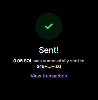 A mobile screenshot displays a successful transaction confirmation showing "Sent!" with 0.05 SOL sent to wallet address G15H...HikG, accompanied by a green checkmark and a "View transaction" link. This serves as visual proof accompanying a giveaway announcement, demonstrating that the promised $SOL prize was actually transferred to the winner's wallet.