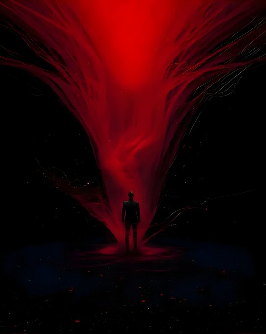 A digital artwork featuring a silhouetted figure standing within a massive, glowing red, ethereal form that flows upward against a black background.