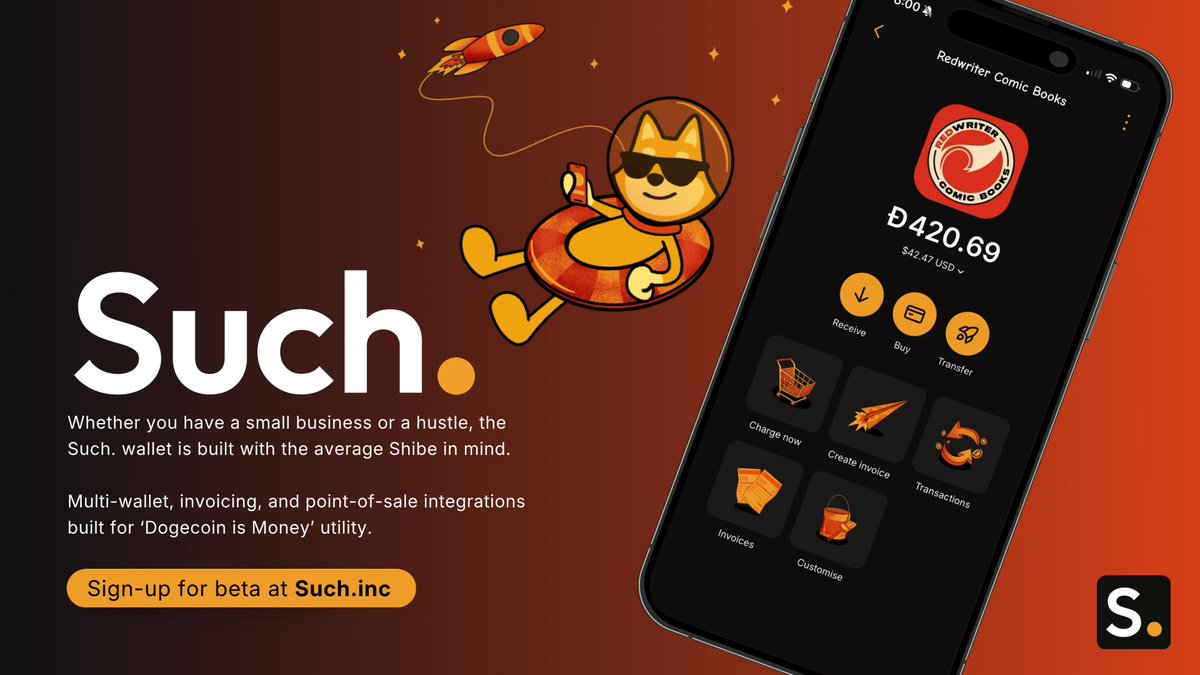 In the image, there's a cell phone lying flat with a sticker-covered screen displaying a colorful and playful design featuring a cartoon cat wearing sunglasses and a red heart around its neck. The text above the cat indicates that this app is beta for "@thesuchapp". The caption below the image focuses on "Sign up for beta at budin.welcom and it's way more than just another Dogecoin wallet. Such.", suggesting that the app might be related to cryptocurrency or financial services in some way and could potentially be a new, innovative feature of such a wallet.