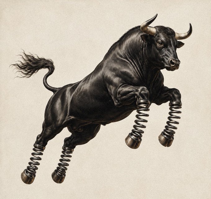 A black bull with mechanical spring-loaded legs is captured mid-bound, its hooves stretched as if bouncing dynamically. The whimsical illustration visually echoes the post's "BOUNCE" caption and $ANSEM ticker by blending financial market bull imagery with literal spring-powered motion.