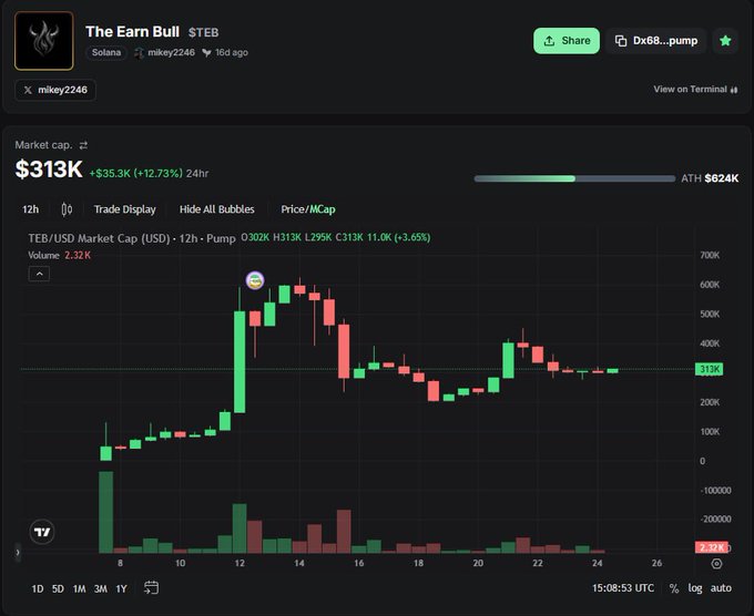 A TradingView chart for the Solana memecoin 'The Earn Bull ($TEB)' shows a market cap of $313K (+35.3K / +12.73% in 24hr), with candlestick price action displaying a pump pattern and an emoji bubble marking a high.