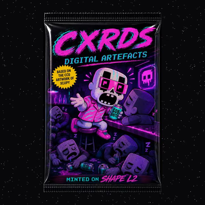 A neon-styled digital artifact package labeled 'CXRDS DIGITAL ARTEFACTS' shows a skull-headed character, with text reading 'BASED ON THE CCO ARTWORK OF XCOPY' and 'MINTED ON SHAPE L2'.