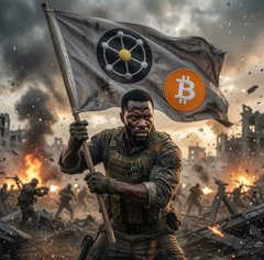 The image depicts a black soldier holding a large flag that prominently features a Bitcoin symbol. This relates to the image's caption, "I'm $NAT ready," because it demonstrates the soldier's strong commitment to advancing Bitcoin-related causes, such as Bitcoin mining or crypto technological revolutions. The text suggests the picture inspiration was likely meant to express the photographer's desire to be "ready" to begin in that area. It portrays the significance of Bitcoin in his life as more than just a monetary possession but as a standard to fight for and advance.