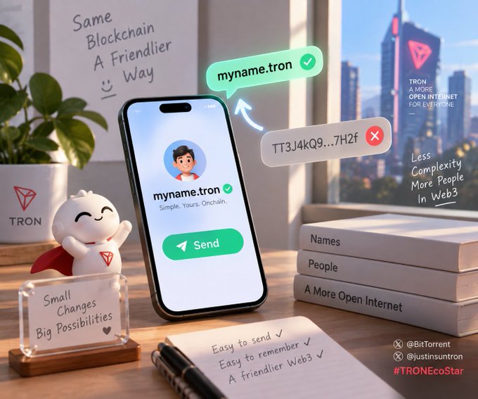 A promotional image for TRON blockchain showing a smartphone with the username 'myname.tron' (marked available with a green check) contrasted against a complex wallet address (marked unavailable with a red X), accompanied by the TRON mascot and tagline 'Same Blockchain A Friendlier Way.'