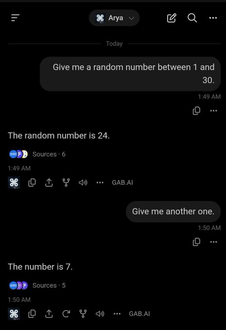 A dark-themed chat interface with 'Arya' and 'GAB.AI' showing exchanges where the user asks for random numbers between 1 and 30, receiving responses of 24 and then 7.