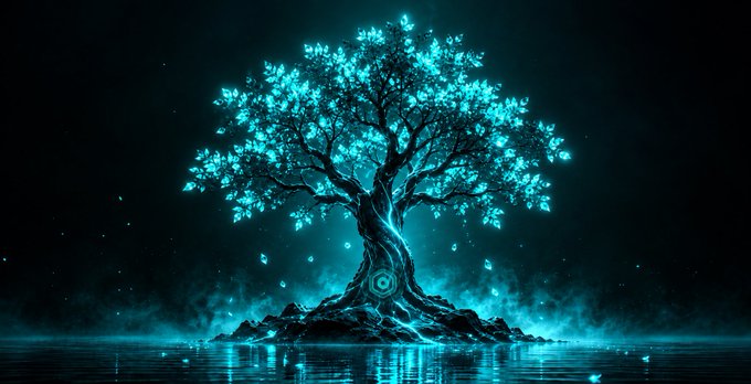 A magical glowing tree with vibrant cyan-blue leaves radiates light in a misty dark landscape, reflecting on the water below with a mystical circular symbol on its trunk.