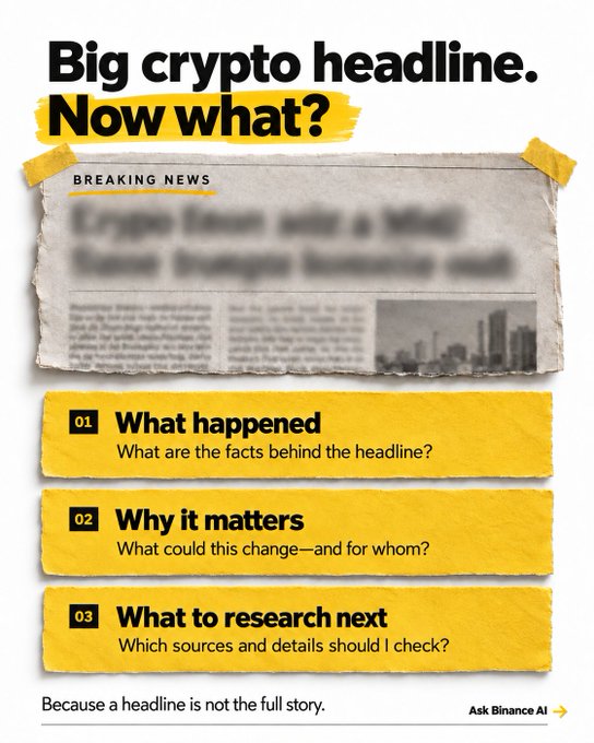 The image is a Binance-branded graphic with the headline "Big crypto headline. Now what?" above a blurred "Breaking News" newspaper clip, followed by a 3-step guide (What happened / Why it matters / What to research next) and the tagline "Because a headline is not the full story. Ask Binance AI." It visually reinforces the post's message of pausing before reacting to breaking crypto news.