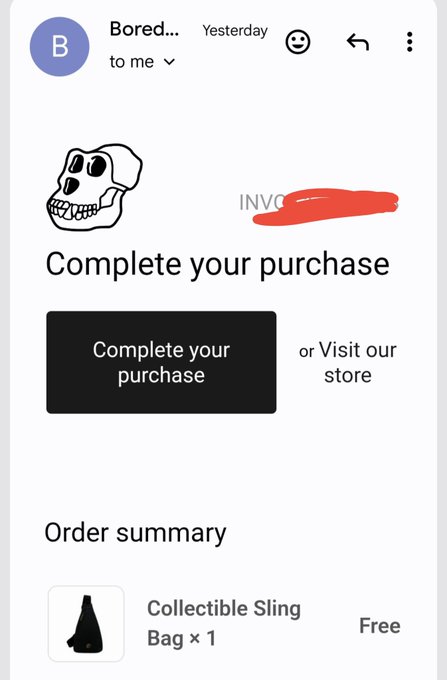 An email receipt screenshot showing a 'Complete your purchase' order summary for a free 'Collectible Sling Bag' from a store using a skull logo, with the invoice number redacted in red.