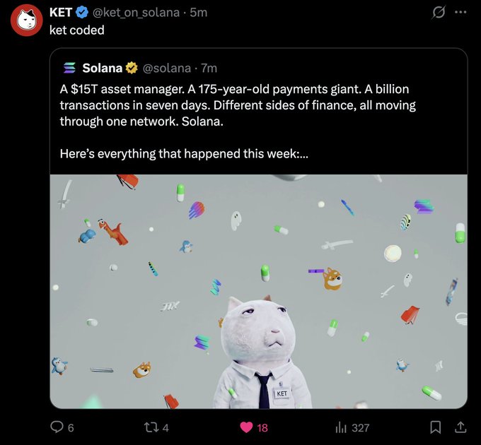 A tweet from "KET @ket_on_solana" quoting "Solana" discussing finance, featuring an image of a white cat with a "KET" nametag surrounded by floating 3D items.