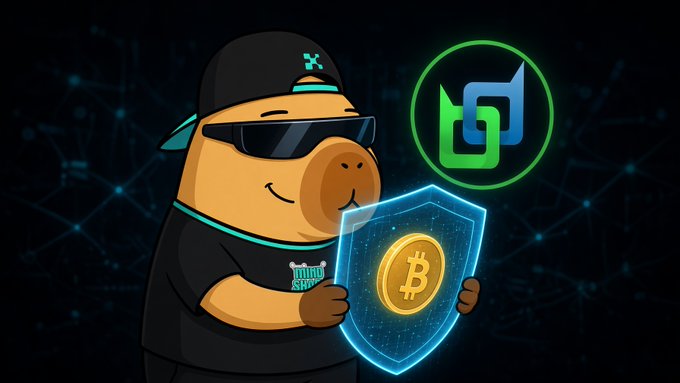 A cartoon bear mascot wearing sunglasses and a black cap with an X logo, holding a Bitcoin shield with a green crypto logo in the background.