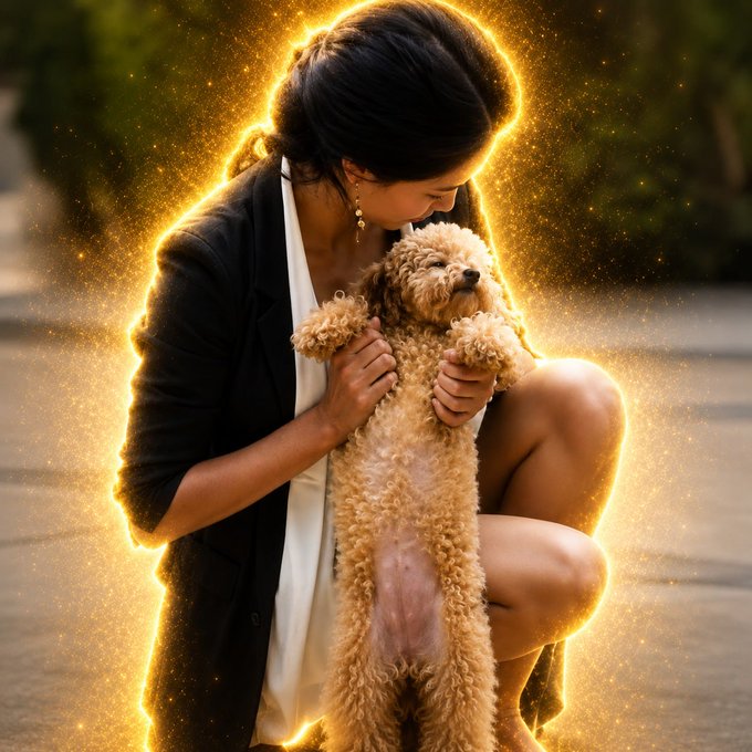A woman with long dark hair, wearing a black blazer, tenderly embraces a curly-haired apricot-colored dog as golden sparkles and a glowing aura surround them. The image visually represents the deep bond between He Yi and her beloved dog Kaka, embodying the post's sentiment of Kaka being the cherished "lucky charm" of the crypto community.