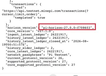 The image displays a JSON response from the Pi Testnet API showing the network is running Horizon version "pi-horizon-27.0.0-f708603" with latest ledger 26221917, confirming Protocol 27 support as highlighted by the red box. This visually supports the post's claim that Testnet 1 has been upgraded to Horizon 27, with the latest ledger closing at 1970-01-01-15:57 UTC, indicating the engine is actively running on the new protocol version.