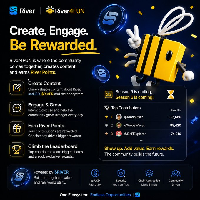 The image features a poster for River4Fun that promotes their rewards program. The poster includes a yellow bee character with a gift box on its back, symbolizing the rewards offered by the platform. It highlights the benefits of joining the community, such as creating content and engaging with others to grow an ecosystem. The poster also mentions the importance of earning points in return for these efforts.