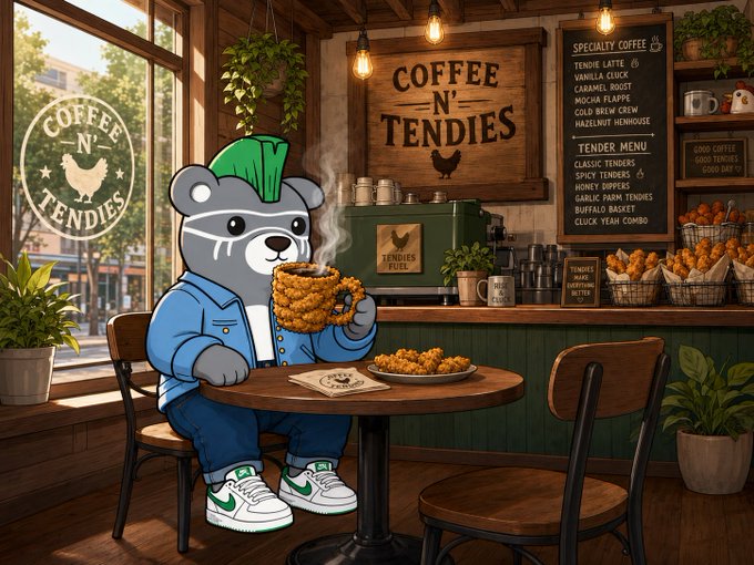A cartoon raccoon wearing a green cap, blue shirt, and Nike sneakers sits at a table in 'Coffee N' Tendies' enjoying a steaming mug of chicken tenders, with a specialty coffee menu and chicken tenders displayed in the background.