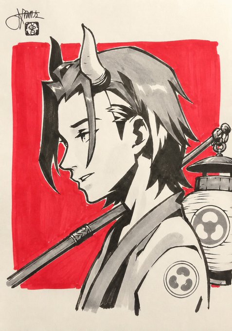 A black and white ink illustration of a horned samurai character with red background, featuring Japanese lantern elements and a signature in the top left corner.