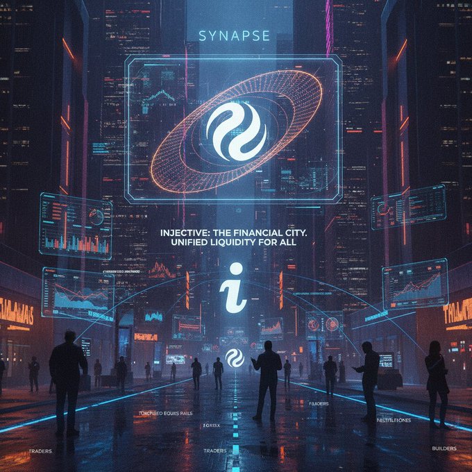 A cyberpunk-style futuristic cityscape advertising 'SYNAPSE' with the tagline 'INJECTIVE: THE FINANCIAL CITY. UNIFIED LIQUIDITY FOR ALL'.