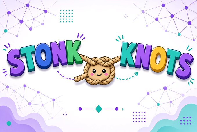 A colorful logo reads "STONK KNOTS" in playful, multicolored letters with a cute smiling rope knot character in the middle, set against a white background with purple and teal network/constellation designs.