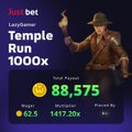 A screenshot of a gambling app showing "Temple Run 1000x" with a payout of 88,575 and a LuckySpin promotion.