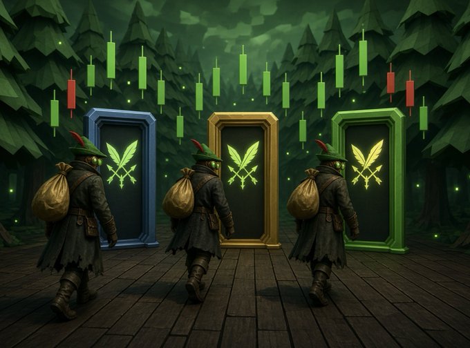 An illustration of three identical characters in green hats carrying bags, walking toward three colorful portals displaying crossed arrows, set against a forest background with green and red candlestick charts.