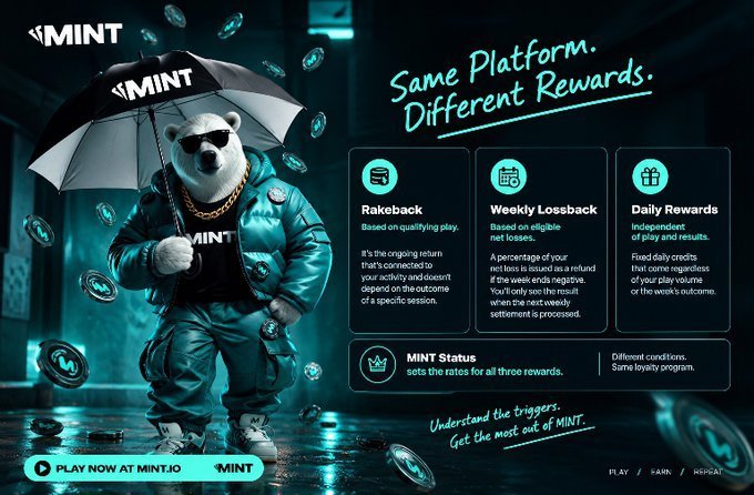 A MINT.io advertisement features a polar bear mascot with sunglasses holding a MINT umbrella, promoting 'Same Platform, Different Rewards' with Rakeback, Weekly Lossback, and Daily Rewards programs.