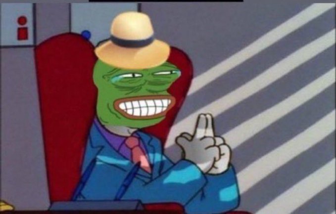 An animated scene from a cartoon shows a green-skinned character with a wide grin wearing a blue suit and a straw boater hat.
