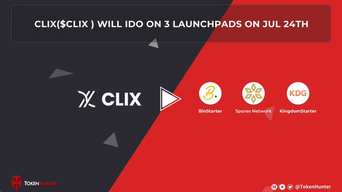 A promotional graphic announcing "CLIX ($CLIX) WILL IDO ON 3 LAUNCHPADS ON JUL 24TH," with logos for BinStarter, Spores Network, and KingdomStarter, credited to TokenHunter.