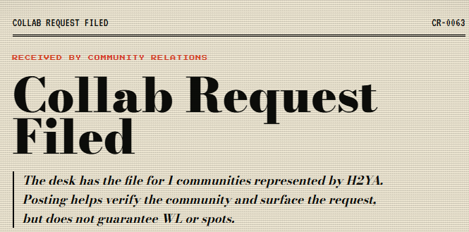 A graphic titled "Collab Request Filed" with the header "RECEIVED BY COMMUNITY RELATIONS" and reference number "CR-0063", noting that 1 community represented by H2YA is verified.
