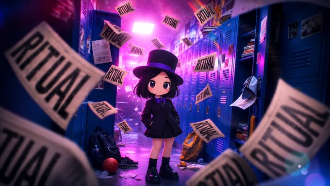 A chibi-style anime character in a black suit and top hat stands in a locker hallway surrounded by flying papers printed with the word 'RITUAL' in pink and purple lighting.