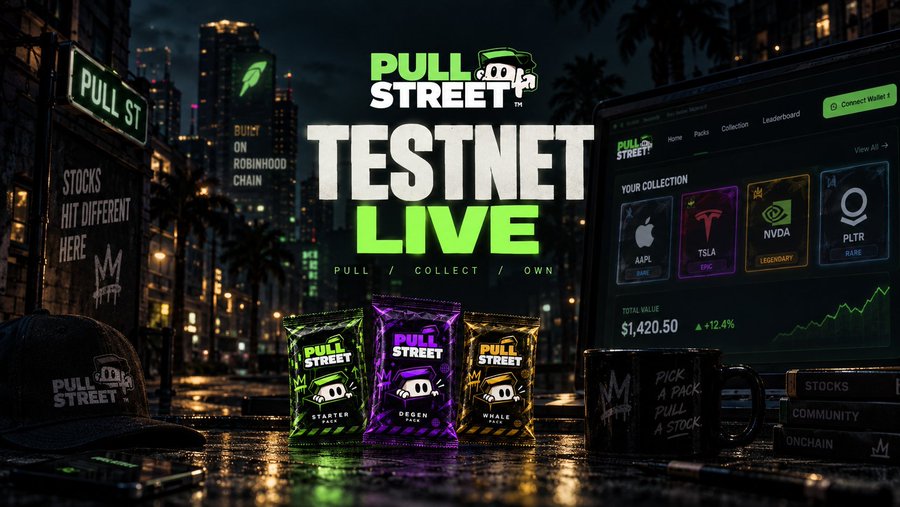 An advertisement for 'PULL STREET TESTNET LIVE' displays three collectible packs (Starter, DeGen, Whale) alongside a tablet showing a stock collection portfolio worth $1,420.50 (+12.4%) featuring AAPL, TSLA, NVDA, and PLTR.