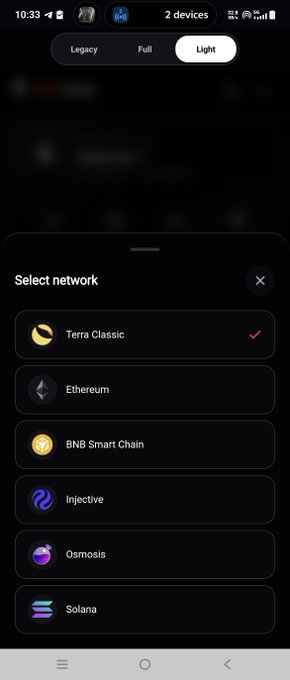 A mobile screenshot shows a "Select network" menu with options including Terra Classic (checked), Ethereum, BNB Smart Chain, Injective, Osmosis, and Solana, reflecting the post's mention of reconnecting Terra Classic ($LUNC) to broader crypto ecosystems through new Hyperlane routes. The highlighted selection of both Terra Classic and Injective visually represents the cross-chain integration the author is announcing.