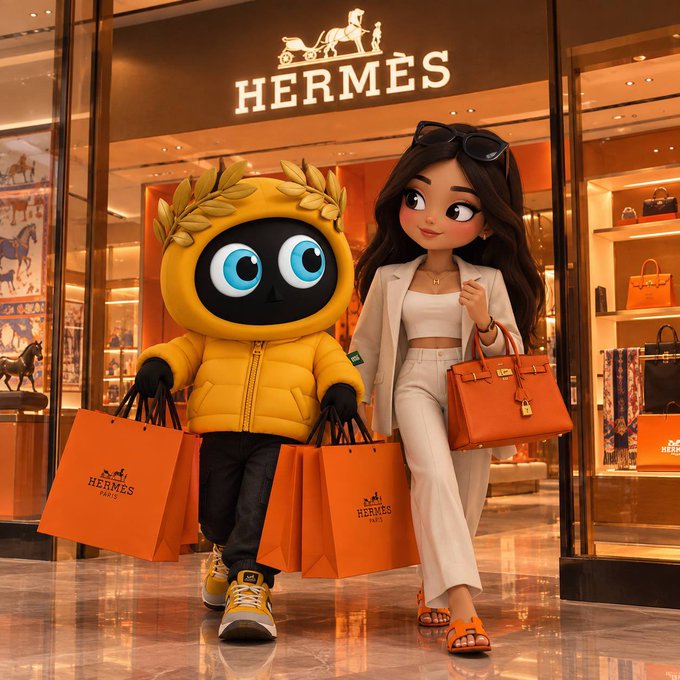 An AI-generated image shows a character in a yellow puffer jacket carrying Hermès shopping bags alongside a stylish woman in front of a Hermès store.