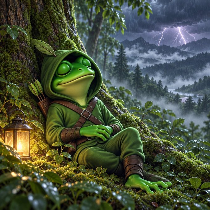 A fantasy digital artwork depicting a green frog character wearing a hooded tunic and carrying a quiver of arrows, resting against a mossy tree with a lantern nearby while lightning flashes in the misty mountain background.