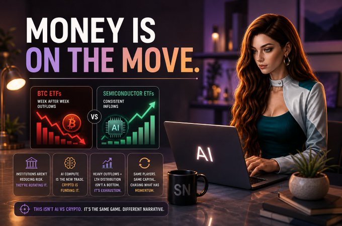 The image features a woman working on a laptop labeled "AI" in a dimly lit modern office, alongside a graphic titled "MONEY IS ON THE MOVE" that contrasts declining BTC ETF outflows with rising semiconductor ETF inflows. The visual reinforces the post's message about institutional capital rotating from Bitcoin into AI-themed investments, as noted in the bottom banner: "This isn't AI vs crypto. It's the same game, different narrative."