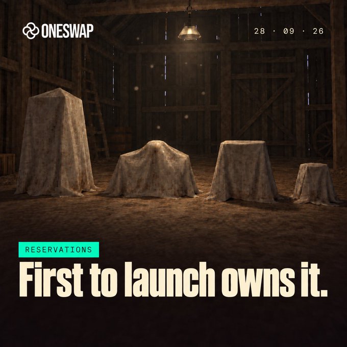 AI-generated advertisement for 'ONESWAP' dated 28.09.26, featuring four cloth-covered objects in a dimly lit barn with the tagline 'RESERVATIONS: First to launch owns it.'