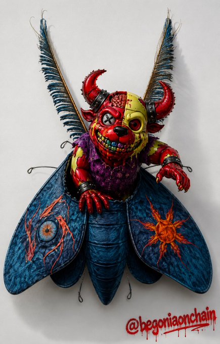 A creepy handmade art doll with horns, a grinning fanged face, and large moth-like wings featuring eye and sun designs, signed "@begoniaonchain." Fitting the "Mutant Monday Bullbears" theme, it depicts a whimsical yet menacing creature mascot for the crypto community.
