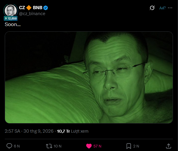 A tweet from "CZ ◆ BNB (@cz_binance)" with the text "Soon..." features a green night-vision style photo of a man lying in bed.