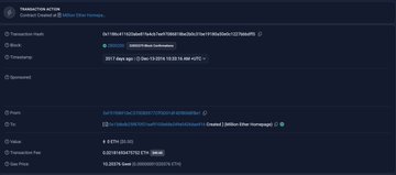 A screenshot of a blockchain transaction page on Etherscan for 'LunarCrush (LUNC) | Within The Homepage' showing a hash, block, timestamp, and transaction fee.