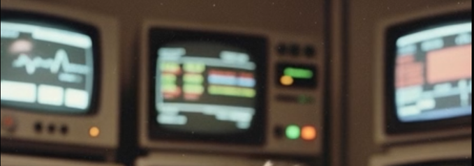 Three blurry vintage computer monitors display various graphs, waveforms, and data interfaces with glowing indicator lights.
