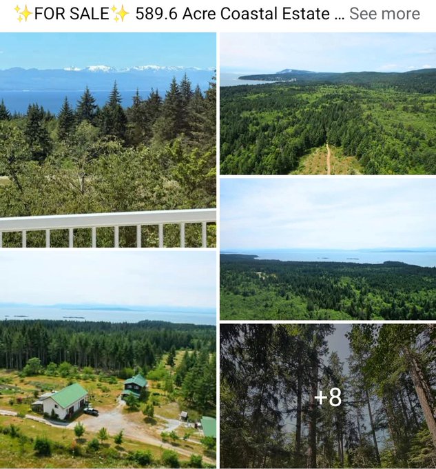 A real estate listing collage titled '✨ FOR SALE ✨ 589.6 Acre Coastal Estate...' featuring multiple aerial photos of forested coastal land, ocean views, snow-capped mountains, and a small property with a green-roofed house.