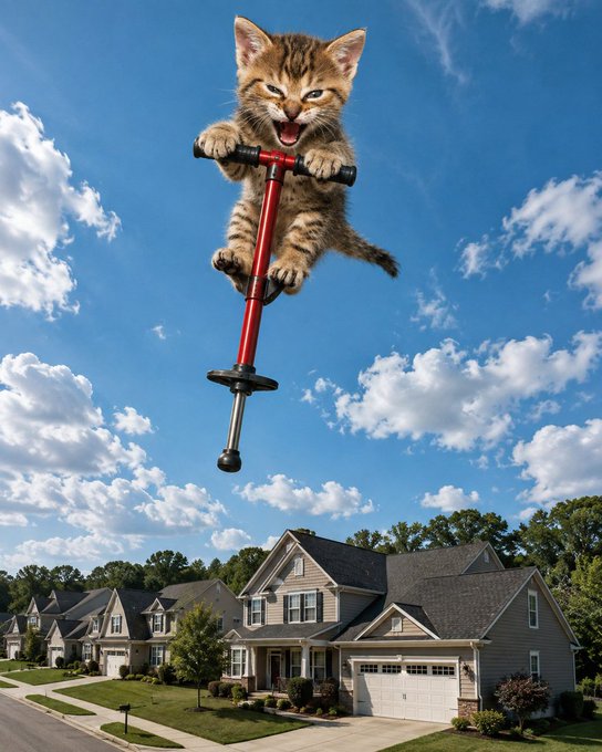 A surreal, humorous image shows a fluffy kitten gripping the handlebars of a pogo stick high in the air above a typical suburban neighborhood under a blue, cloudy sky.