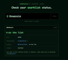 The image shows a snarlist status page displaying "@xwassie" as currently snarling (😎), with the top snarklist entry being "on the list" by @cryptovium, referencing upcoming NFT mints like @ZkSnarks and @unvault mentioned in the post.
