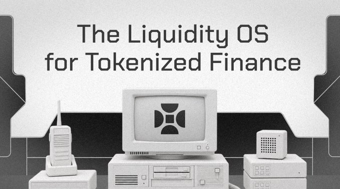 Black-and-white minimalist ad reading 'The Liquidity OS for Tokenized Finance' displayed above a retro computer monitor and old tech devices.