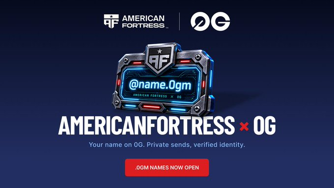 A promotional graphic for a collaboration between AMERICAN FORTRESS and 0G, advertising '.0GM NAMES NOW OPEN' with a futuristic badge reading '@name.0gm.'