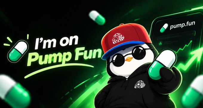 A digital graphic featuring a cartoon penguin wearing a red cap and sunglasses holding a green pill, with the text "I'm on Pump Fun" and a chart showing an upward trending arrow.