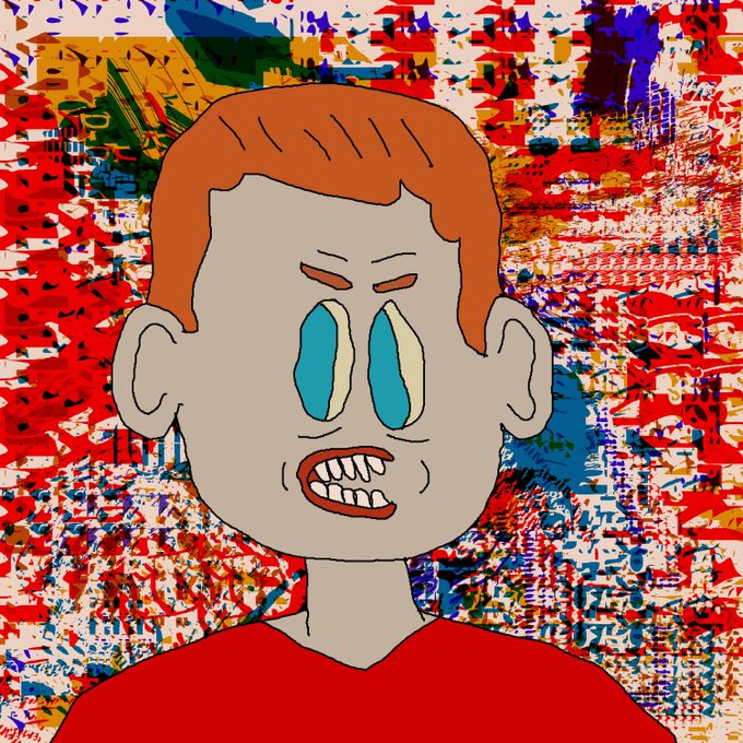 A cartoon drawing of a red-haired man with large blue eyes and a distressed expression, set against a chaotic, colorful, abstract background.